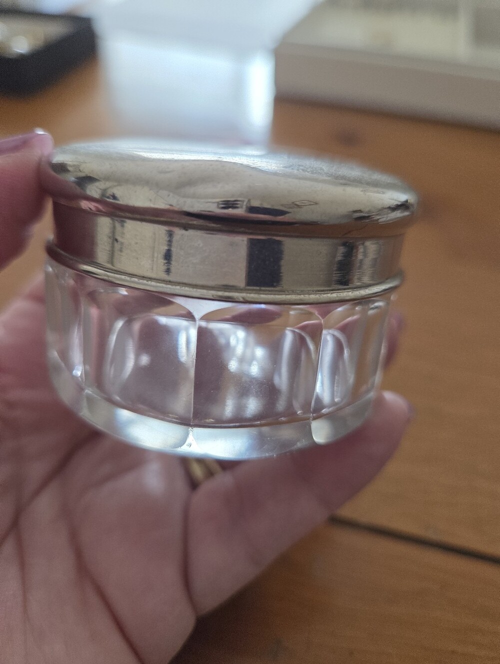 Art Nouveau French Pill Container Pressed Glass With Silver Lid